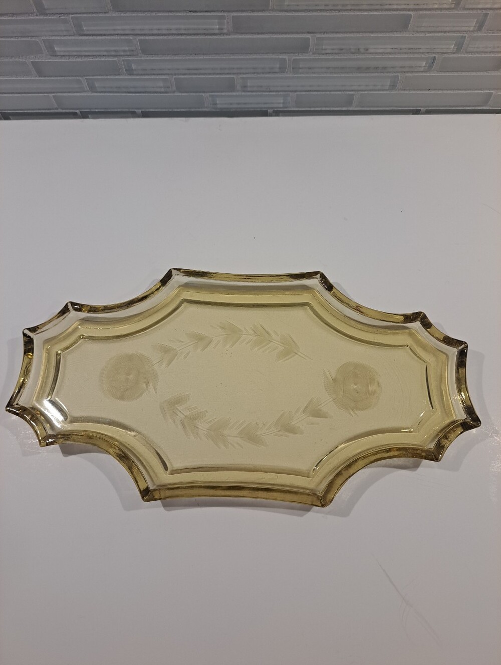 Vtg Glass Depression Era Yellow Flowers 12 Sided Dresser Tray 1930s